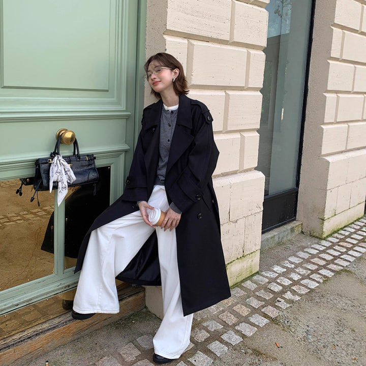 Damen Langer Trenchcoat im Oversize‑Look mit Bindegürtel und Schulterpatten Drune