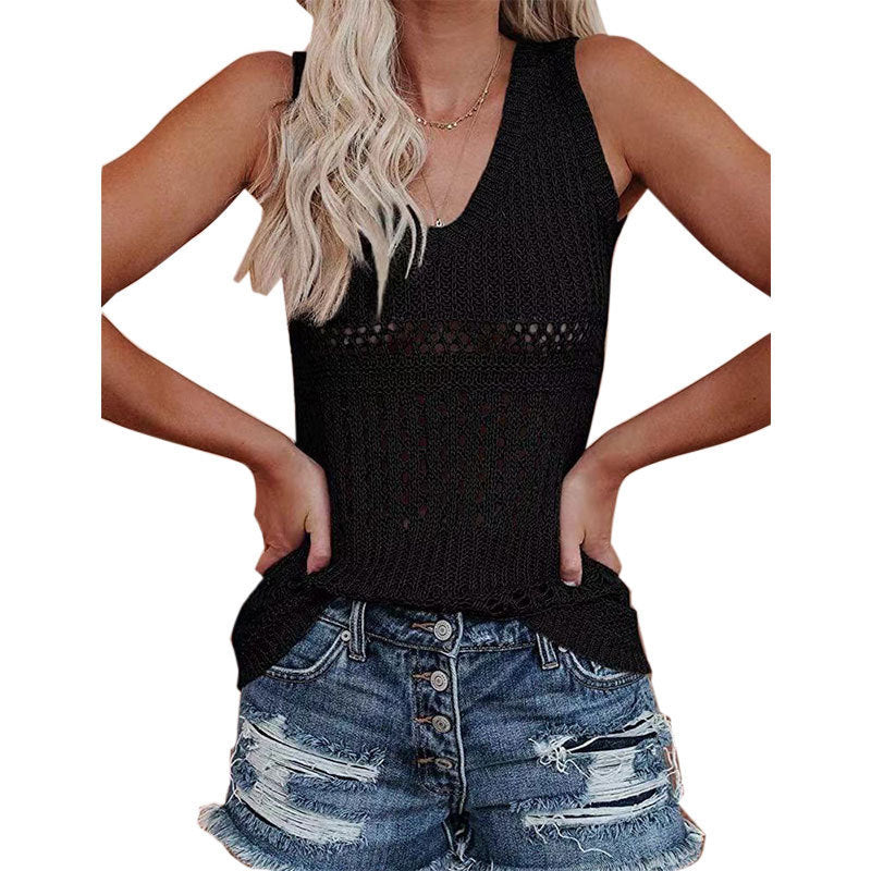 Damen luftiges Stricktop mit V-Ausschnitt und feinen Lochmustern Drune