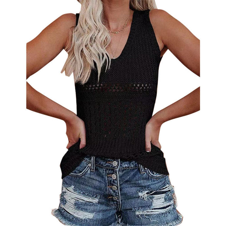 Damen luftiges Stricktop mit V-Ausschnitt und feinen Lochmustern Drune