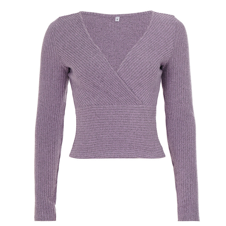 Damen Tailliertes Rippstrick-Wrap-Top mit tiefem V-Ausschnitt Drune