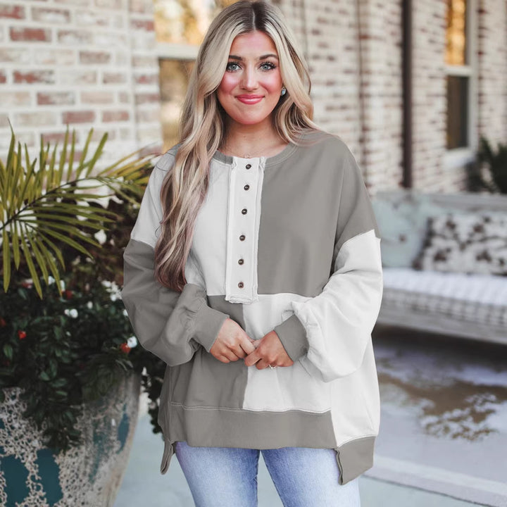 Damen Oversize-Colorblock Sweatshirt mit Henley-Knopfleiste, Ballonärmeln und geripptem Saum Drune