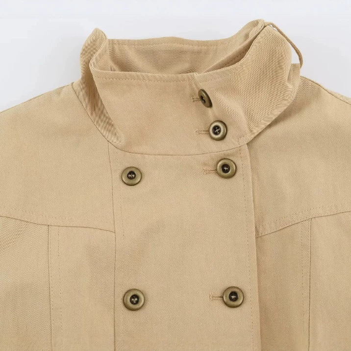 Damen Kurz geschnittene doppeltreihige Safarijacke mit hohem Stehkragen Drune