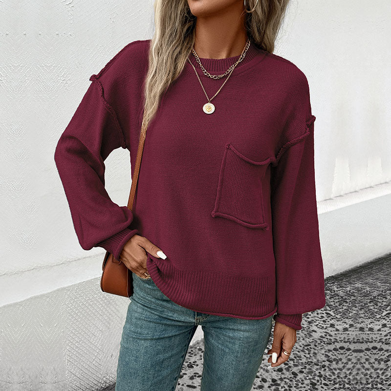 Damen Oversize Rundhals-Strickpullover mit aufgesetzter Brusttasche und fransiger Saumnaht Drune