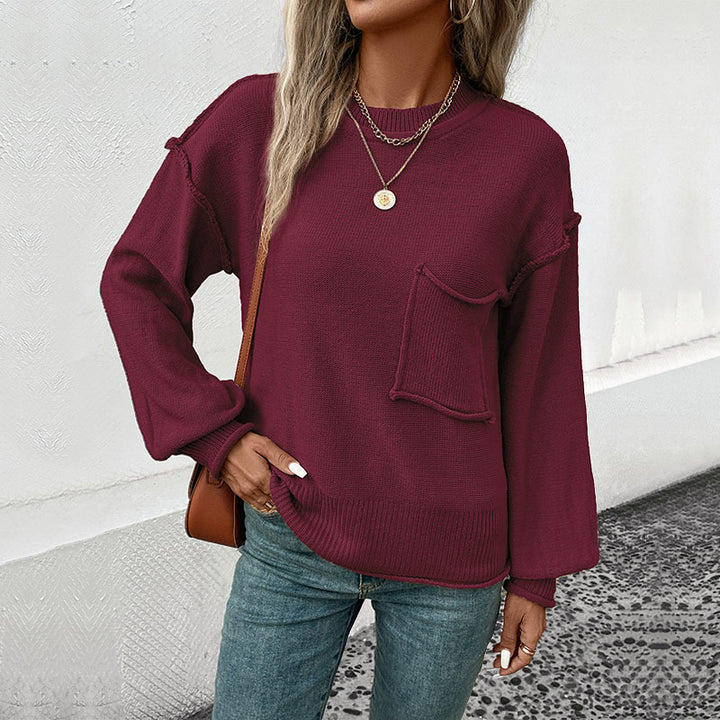 Damen Oversize Rundhals-Strickpullover mit aufgesetzter Brusttasche und fransiger Saumnaht Drune