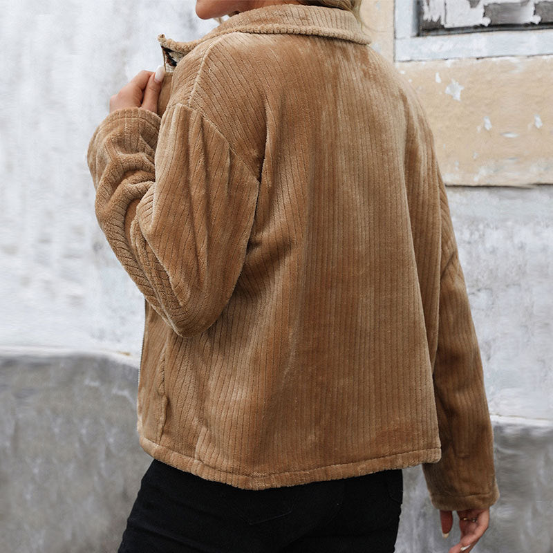 Damen Plüsch-Cordjacke mit Stehkragen, Reißverschluss & Kängurutaschen Drune