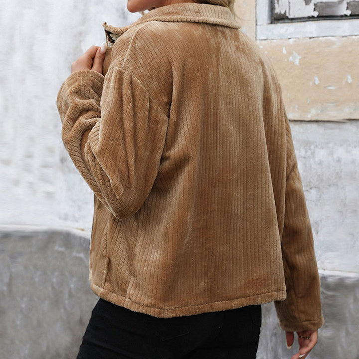 Damen Plüsch-Cordjacke mit Stehkragen, Reißverschluss & Kängurutaschen Drune
