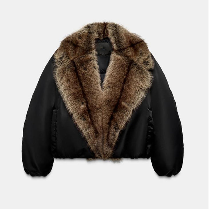 Damen Oversize-Bomberjacke mit voluminösem Fellkragen und Satinärmeln Drune
