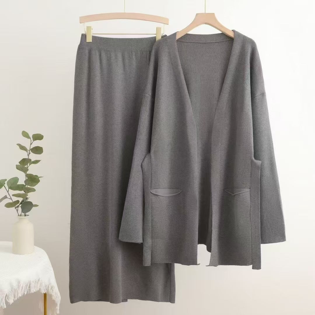 Damen lässiges Strickensemble mit tiefem V-Ausschnitt und praktischen Taschen Drune