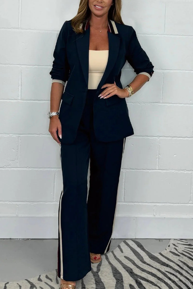 Damen nan tailliertes Longblazer-Hosen-Set mit Bügelfalte, weitem Bein und seitlicher Paspel Drune