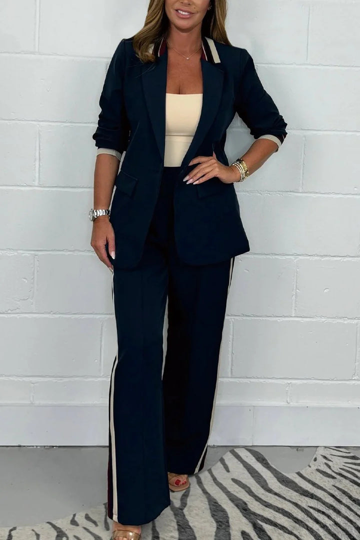 Damen nan tailliertes Longblazer-Hosen-Set mit Bügelfalte, weitem Bein und seitlicher Paspel Drune