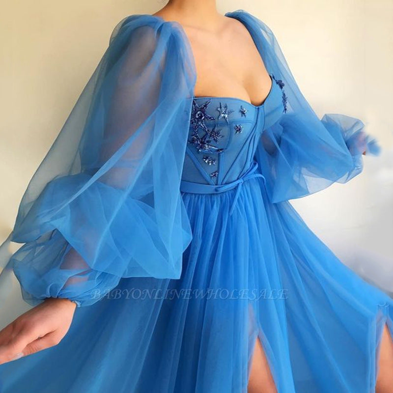 Damen Tüll Abendkleid mit voluminösen Ärmeln und seitlichem Schlitz Drune