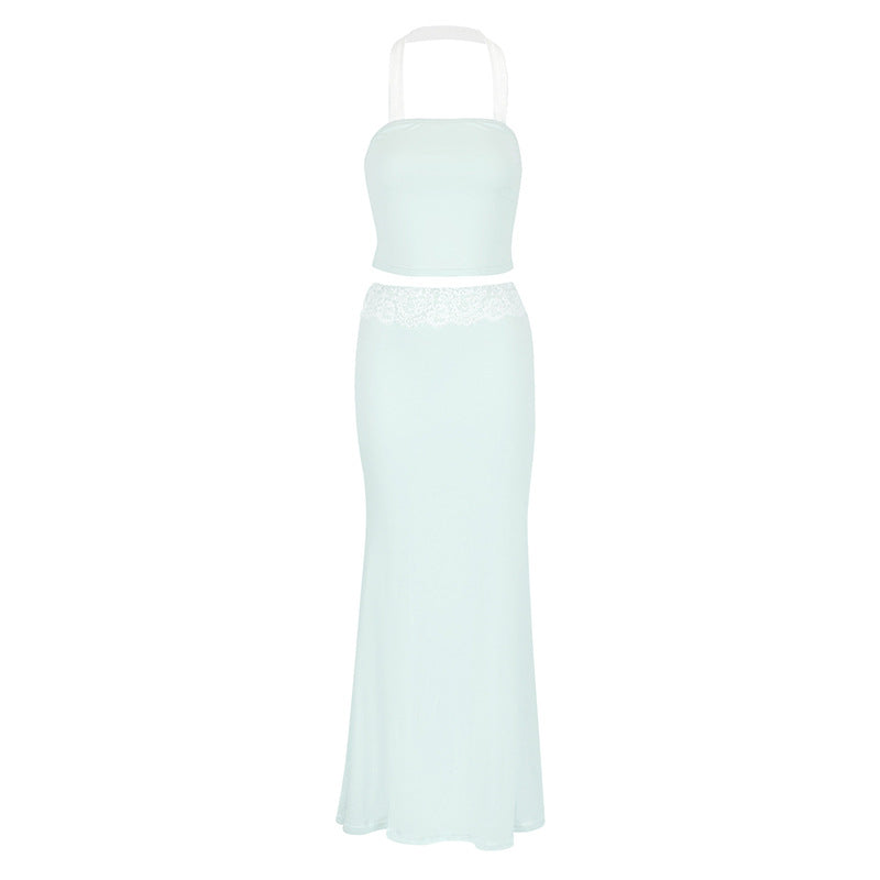 Damen Langärmliges Maxi-Kleid mit Spitzenakzenten und Trägerdetails Drune