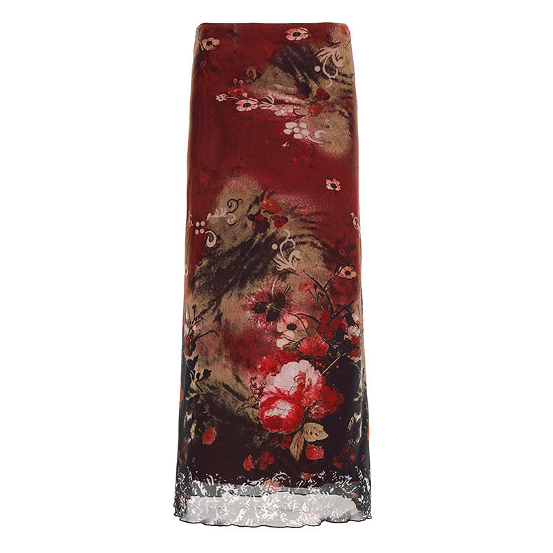 Damen Langes Satin-Chiffon Maxirock mit floralem Aquarellprint Drune