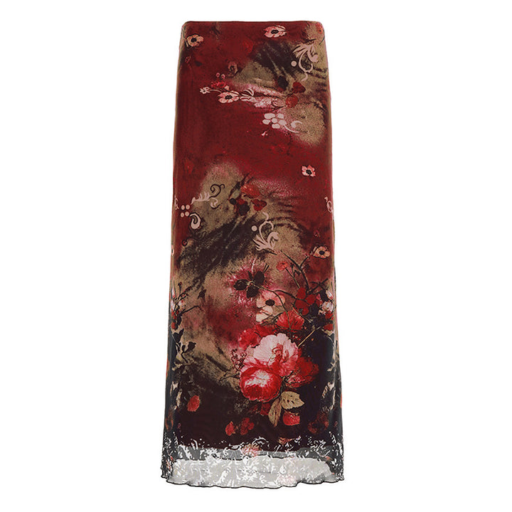 Damen Langes Satin-Chiffon Maxirock mit floralem Aquarellprint Drune