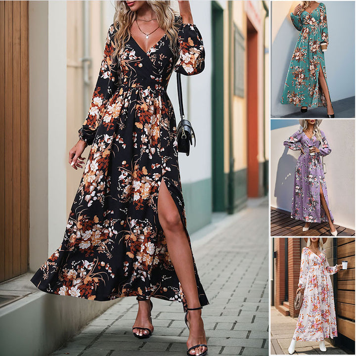 Damen Maxikleid mit Wickeloptik, V-Ausschnitt, Taillenraffung & seitlichem Beinschlitz Drune