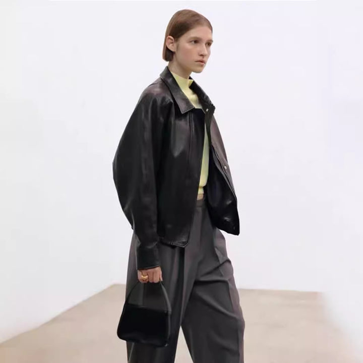 Damen Lässige Kunstlederjacke mit voluminösen Ärmeln Drune