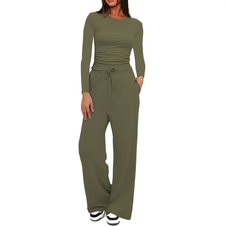 Damen Figurbetontes Longsleeve mit seitlicher Raffung und High-Waist Palazzo-Jogginghose Set Drune