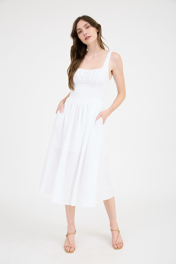 Damen elegante Sommermittelkleid mit tiefem Ausschnitt und praktischen Taschen Drune