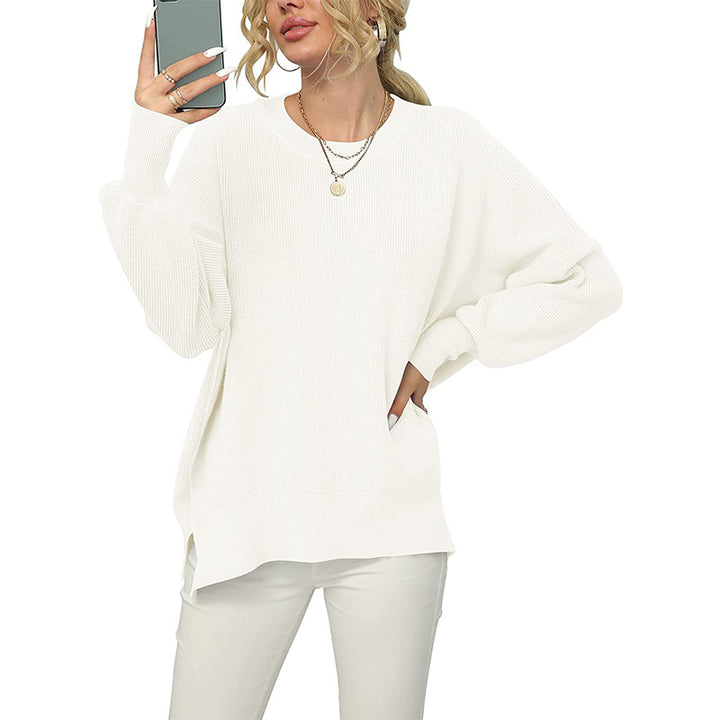 Damen Oversize-Feinstrickpullover mit Rundhalsausschnitt, überschnittener Schulter und Seitenschlitzen Drune
