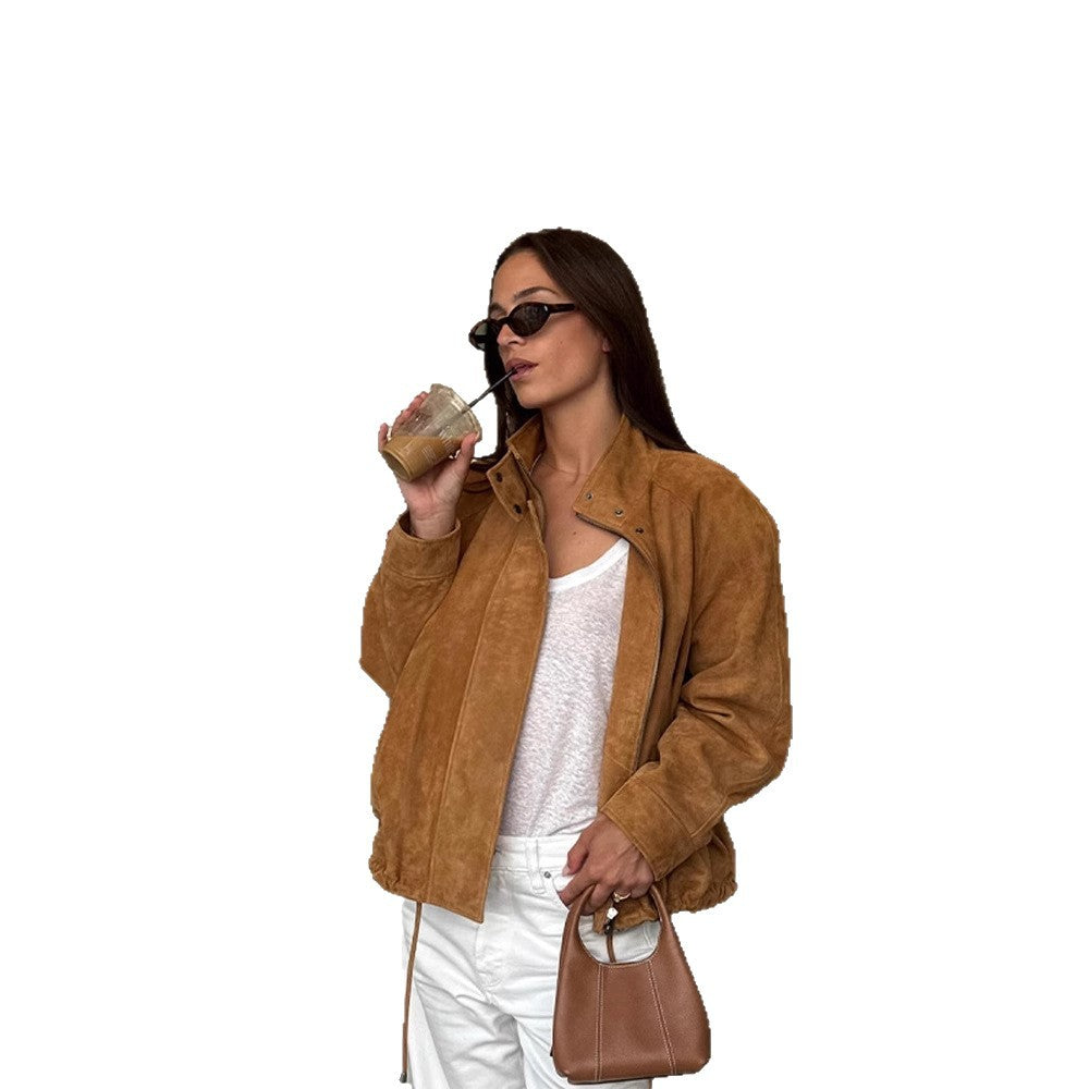 Damen Wildlederjacke mit modernem Kragen und taillierbarem Design Drune