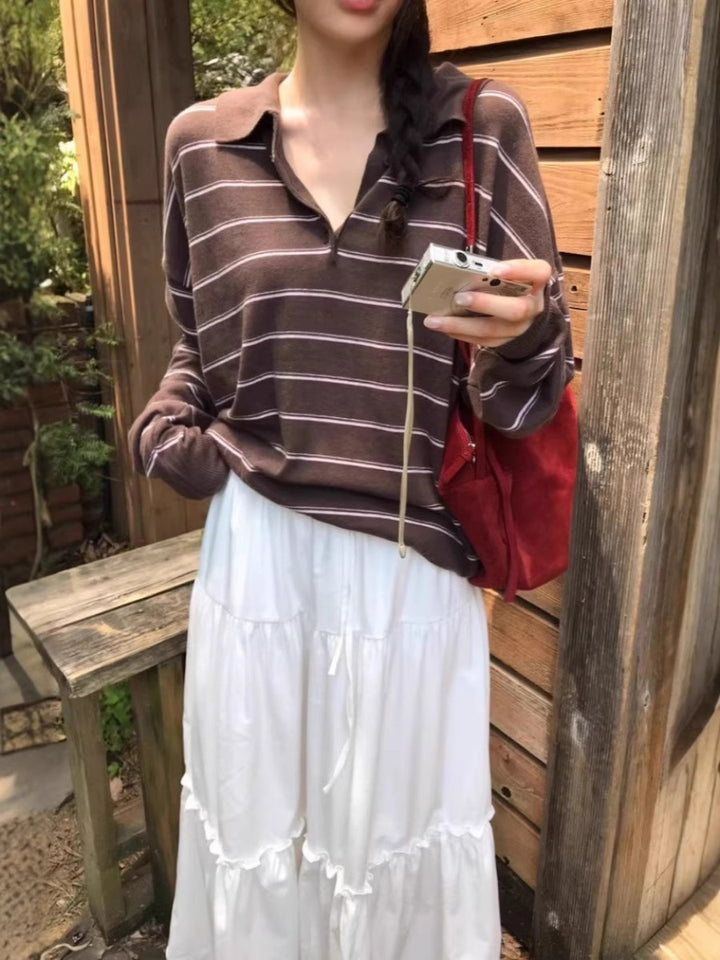 Damen Oversize-Polokragen-Strickpullover mit Streifen und halber Knopfleiste Drune