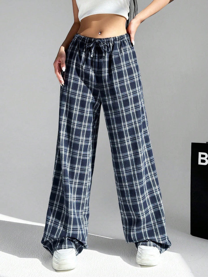 Damen weite Karo-Hose aus angenehmem Baumwollstoff mit Gummibund und seitlichen Taschen Drune