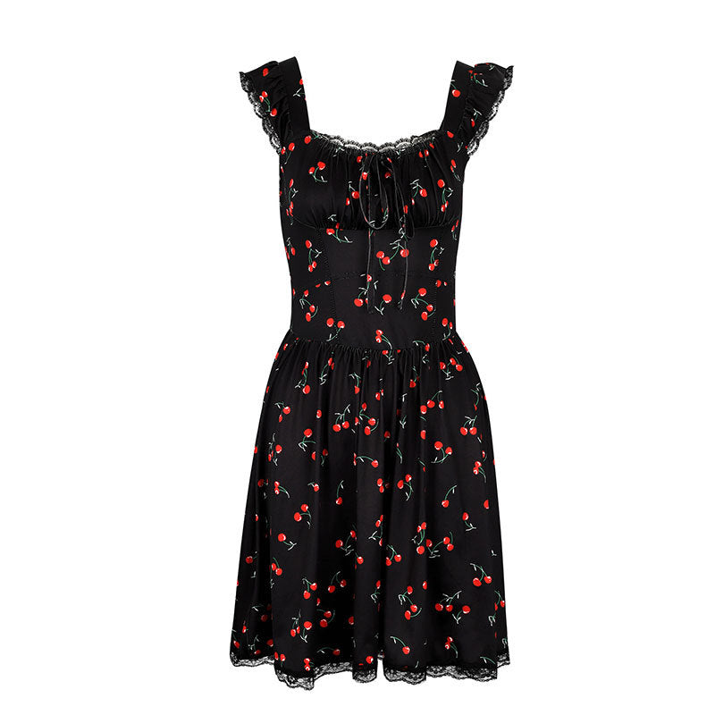 Damen Sommerkleid mit verspieltem Kirschmuster und Spitzenakzenten Drune