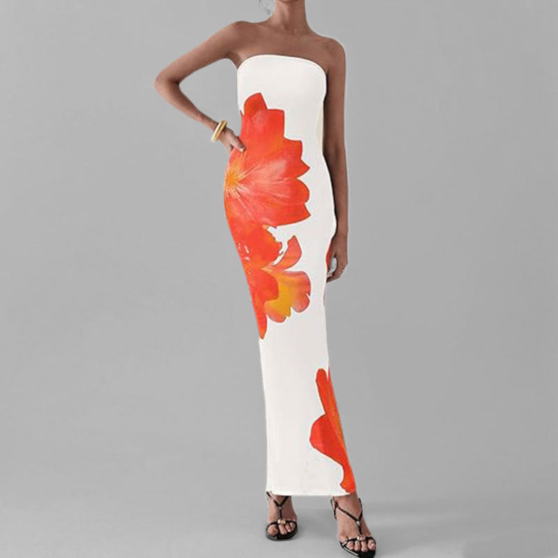 Anmutiges Blumenmuster Schulterfreies Figurbetontes Kleid Drune