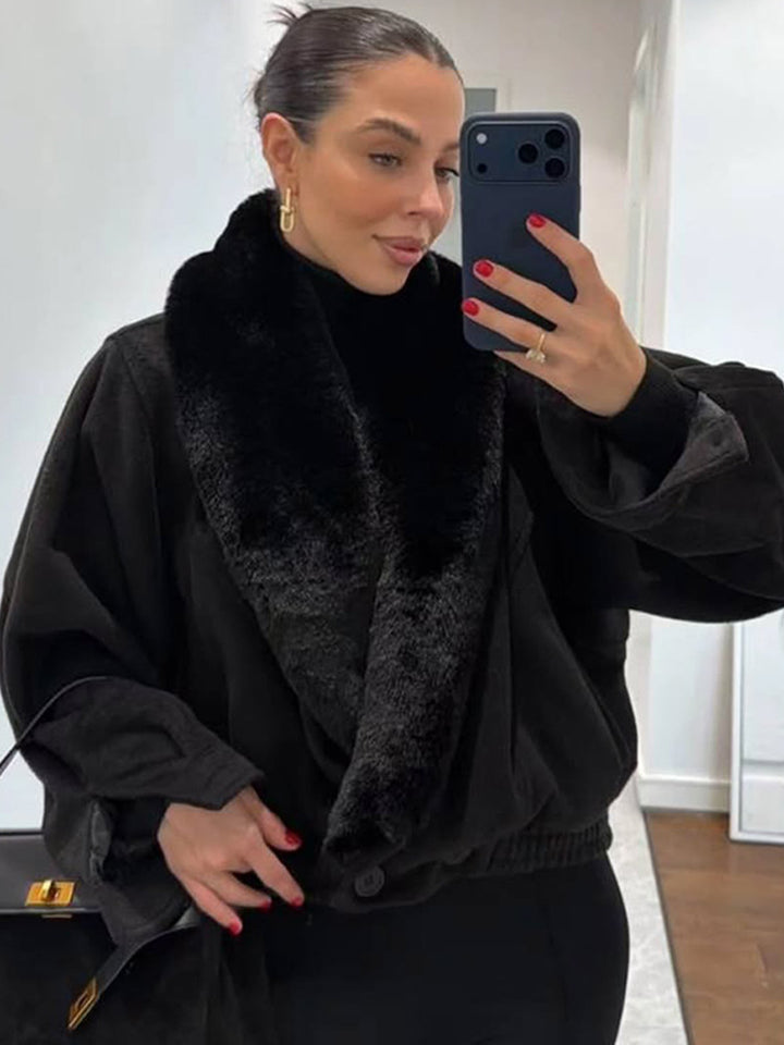 Damen Kurzjacke mit voluminösem Kunstfell-Schalkragen und elastischem Saum Drune