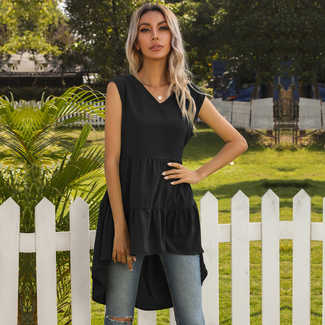 Damen ärmelloses Tunika-Kleid mit asymmetrischem Saum und schickem Volant Drune