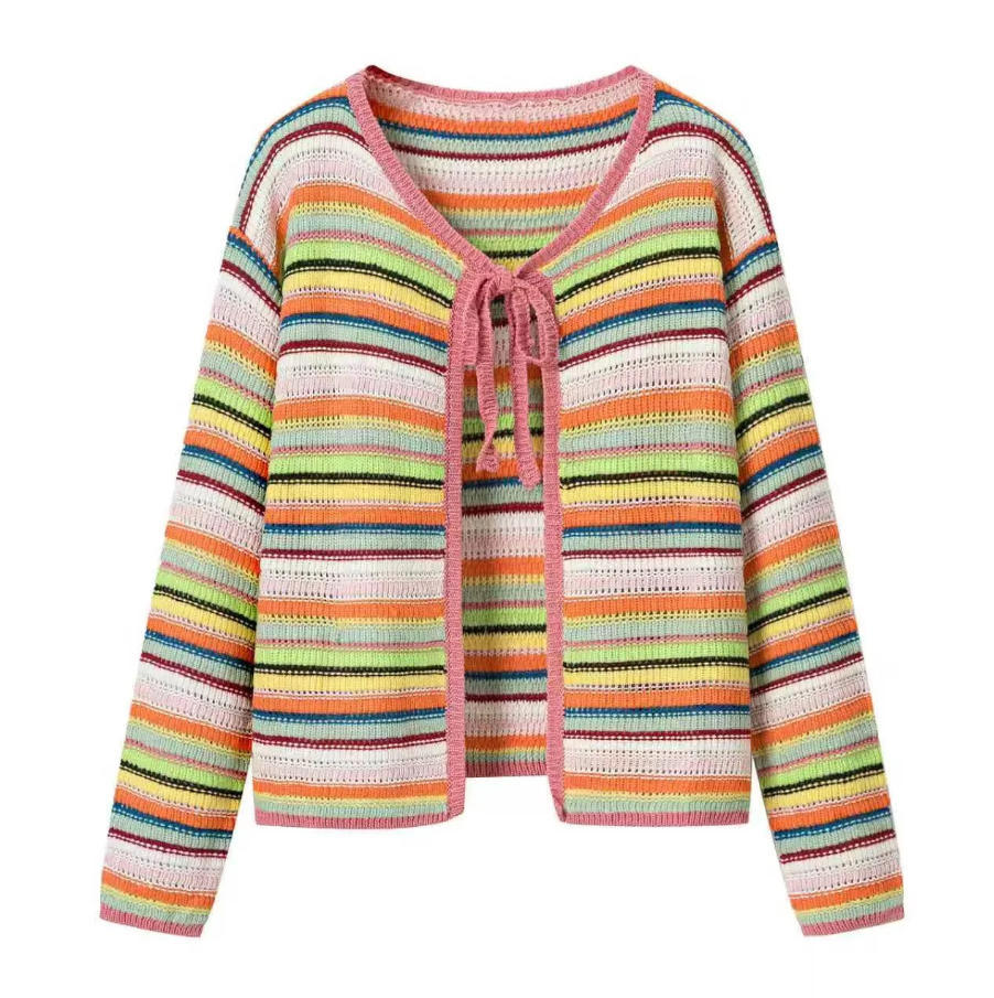 Damen Bunte Cropped Ajourstrick‑Cardigan mit Bindeband und geripptem Saum Drune