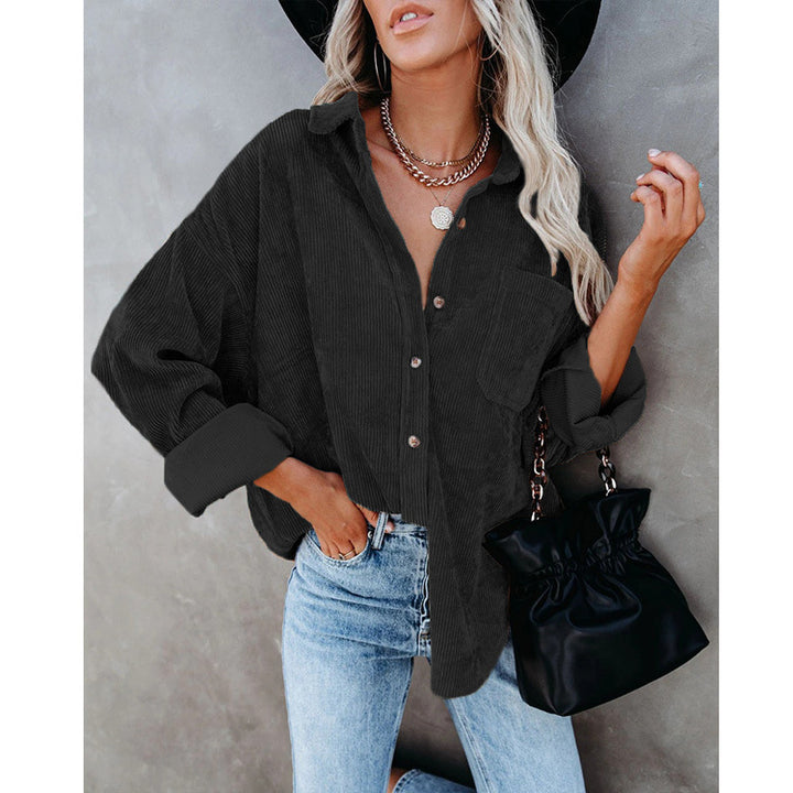 Damen Oversize Cordhemdjacke mit Brusttasche und durchgehender Knopfleiste Drune