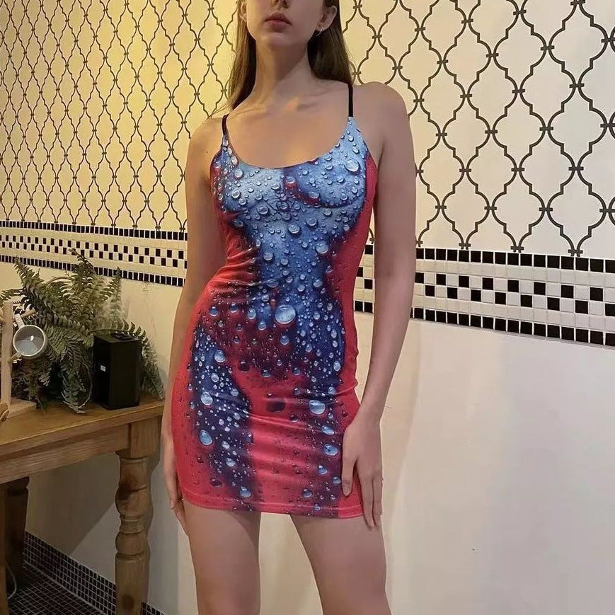 Damen Minikleid im modernen Wasserfall-Design mit verstellbaren Spagetti-Trägern Drune