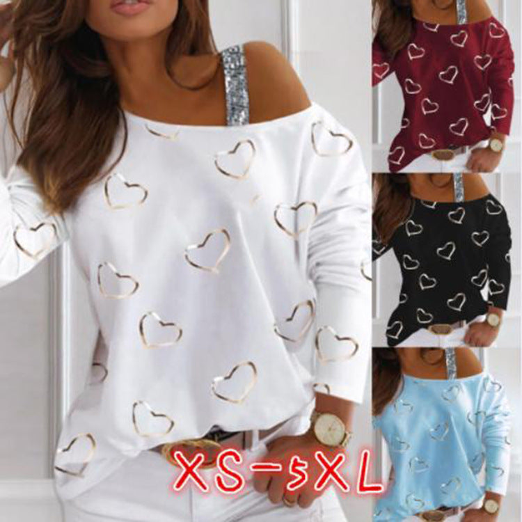 Damen Off-Shoulder Strickpullover mit Herzprint und Paillettenträger Drune