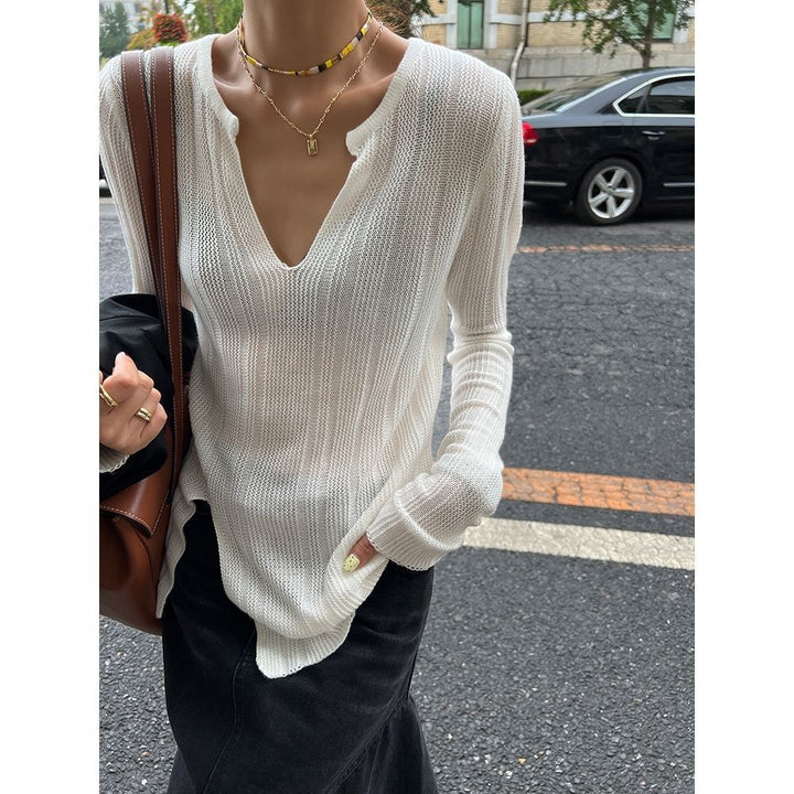 Damen Grobstrickpullover mit V-Ausschnitt und langen Ärmeln Drune