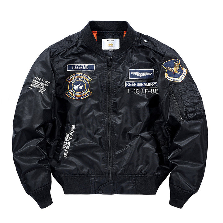 Herren Flight‑Bomberjacke mit Patch‑Applikationen, Ärmel‑Utilitytasche und orangefarbenem Innenfutter Drune