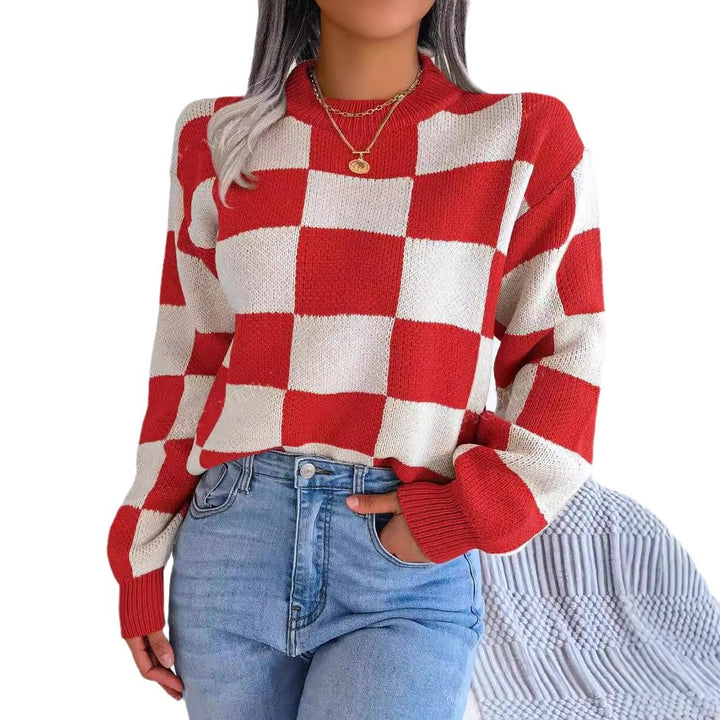 Damen lässiger pullover mit Karo-Muster und weiten Ärmeln Drune