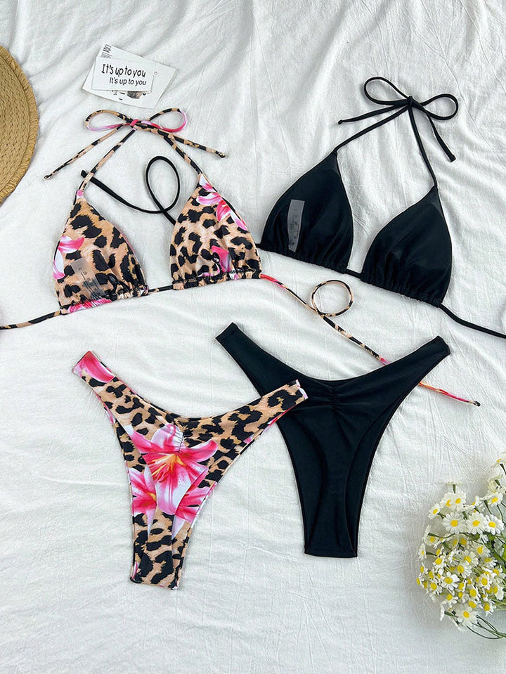 Damen Triangel-Bikini mit verspieltem Leopardenmuster und modischen Trägern Drune