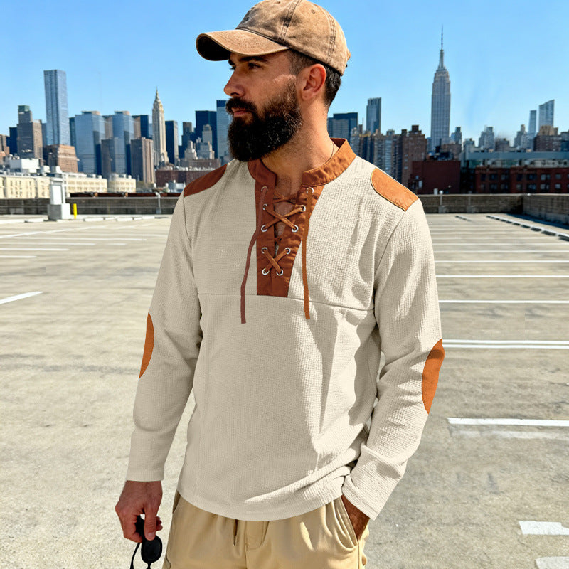 Herren Waffelstrick-Langarmshirt mit Schnürung und Kunstvelours-Ellbogenpatches Drune