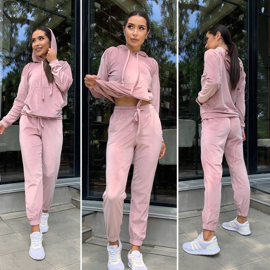 Damen Samt-Loungewear-Set mit kurz geschnittener Kapuzenjacke und Kordelzug-Jogginghose Drune