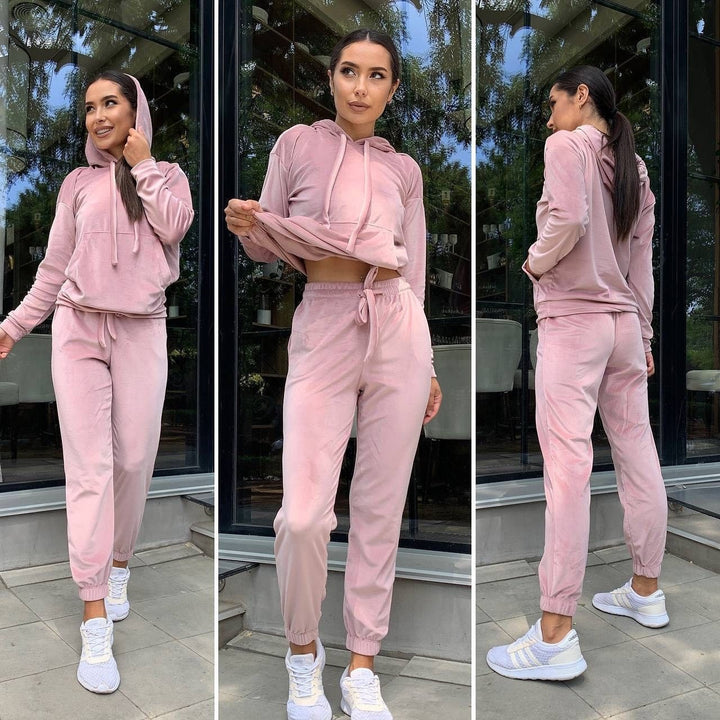 Damen Samt-Loungewear-Set mit kurz geschnittener Kapuzenjacke und Kordelzug-Jogginghose Drune