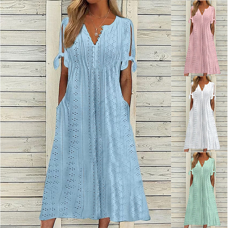 Damen Maxikleid mit Luftigen Ärmeln und Eleganten Lochmustern Drune