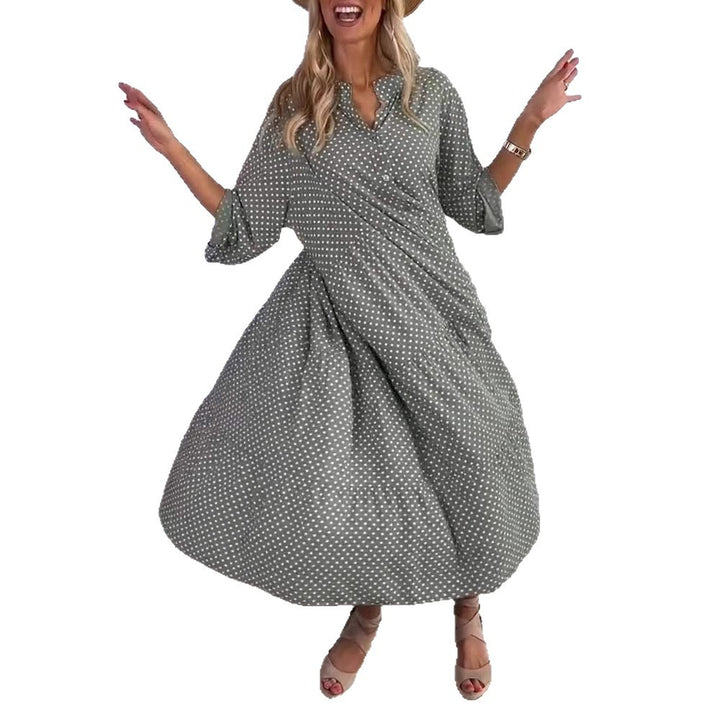 Damen nan lässiges Stufenmidikleid mit Stehkragen, verdeckter Knopfleiste und dreiviertelärmeln Drune