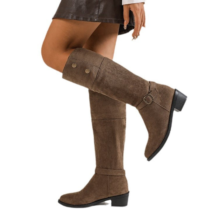 Damen kniehohe Velourslederstiefel mit niedrigem Blockabsatz und Zierriemen Drune
