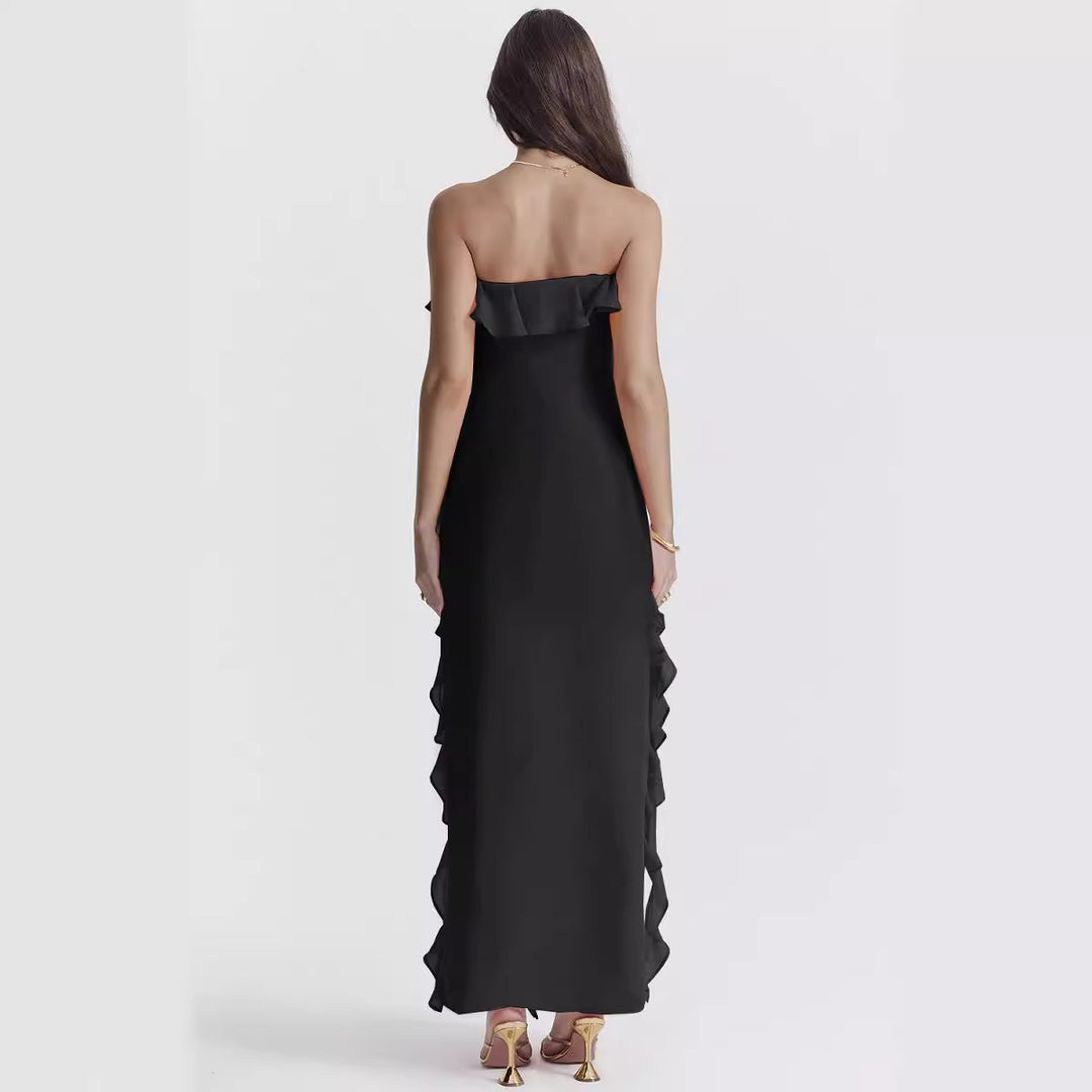 Damen Off-Shoulder Maxikleid mit Rüschen und Schlitz Drune