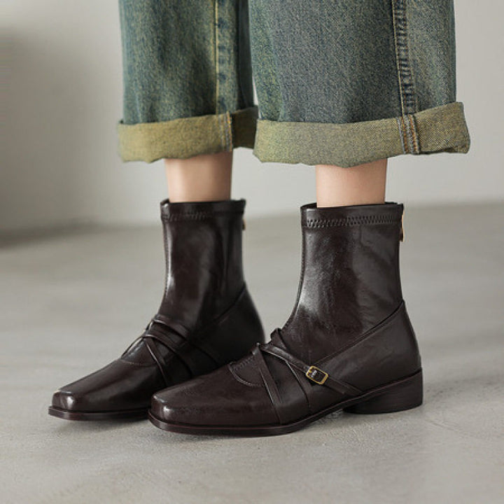 Damen Elegante Stiefeletten aus Leder mit modischem Riemen Drune