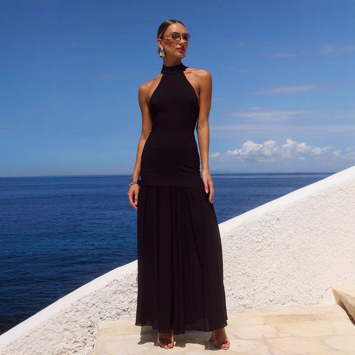 Damen Maxikleid mit hochgeschlossenem Design und fließendem Rock Drune