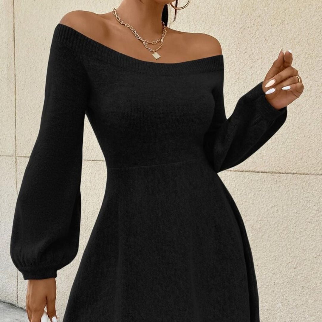Damen Schulterfreies Feinstrick-Kleid mit taillierter Passform und Ballonärmeln Drune