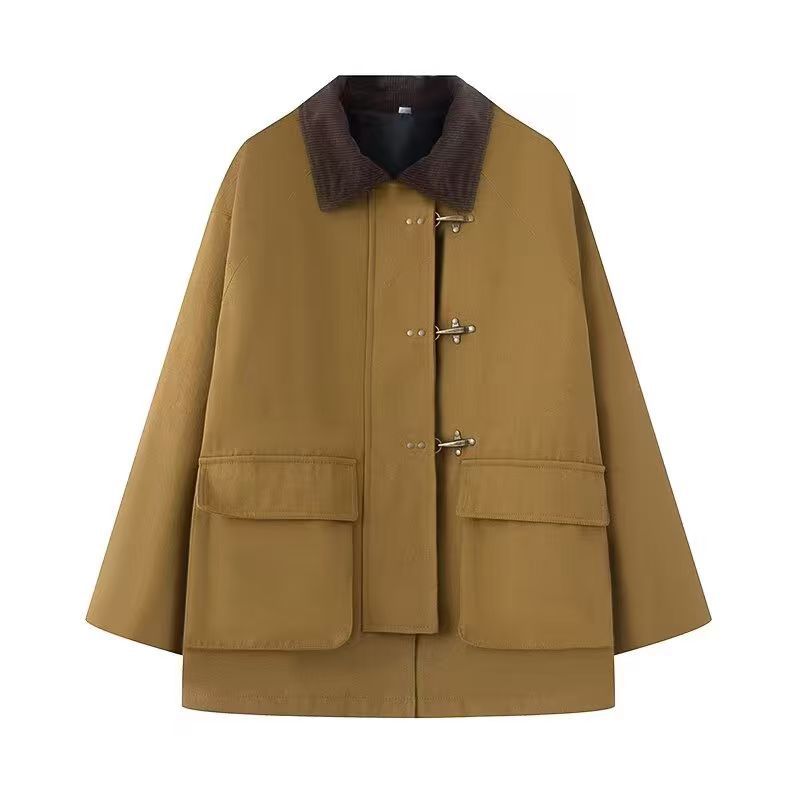 Damen Oversize Kurzmantel mit Knebelverschlüssen und Cordkragen Drune