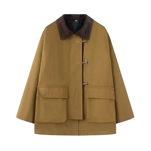 Damen Oversize Kurzmantel mit Knebelverschlüssen und Cordkragen Drune